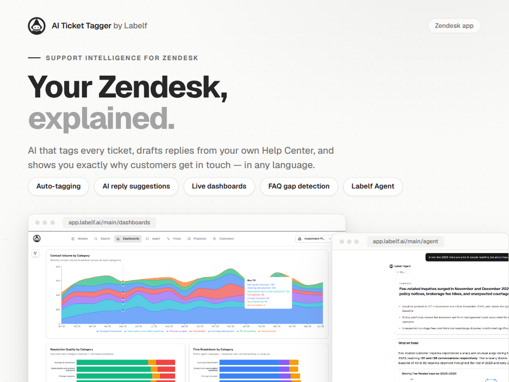 AI Ticket Tagger by Labelf primary marketing image — AI and Bots app on the Zendesk Marketplace