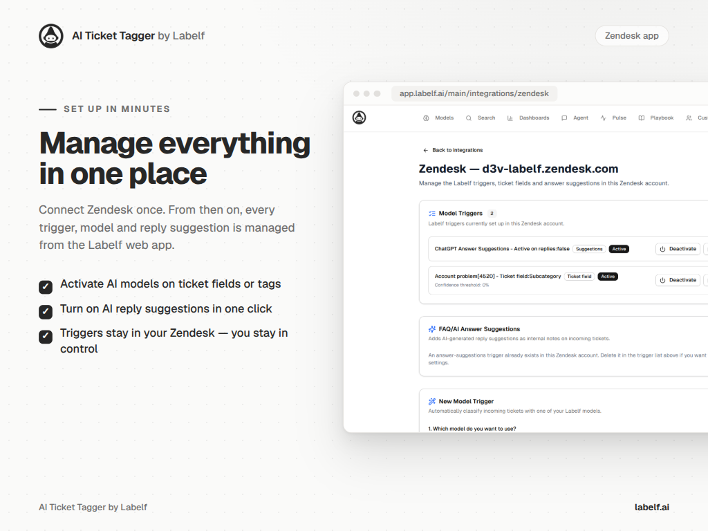 AI Ticket Tagger by Labelf dashboard view — AI and Bots app on the Zendesk Marketplace